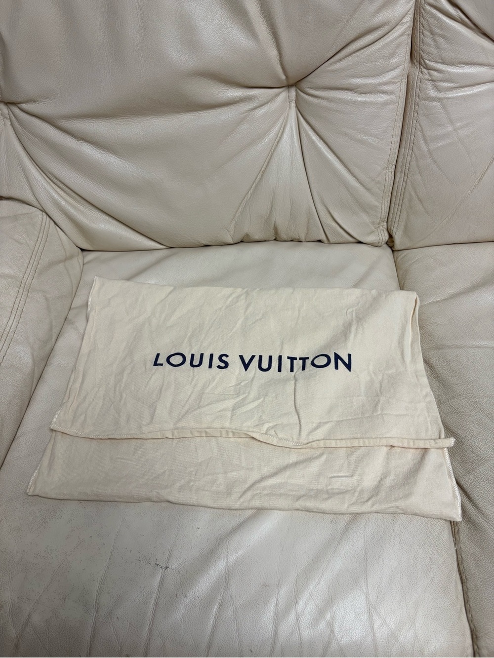 LOUIS VUITTON Beige Fold Over Small Handbag Dust Bag Navy Lettering